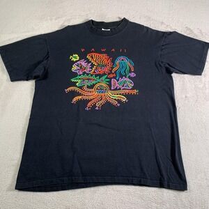 Vintage EOH Hawaii Shirt Mens XL Black Neon Sea Life Graphic Tee Octopus USA